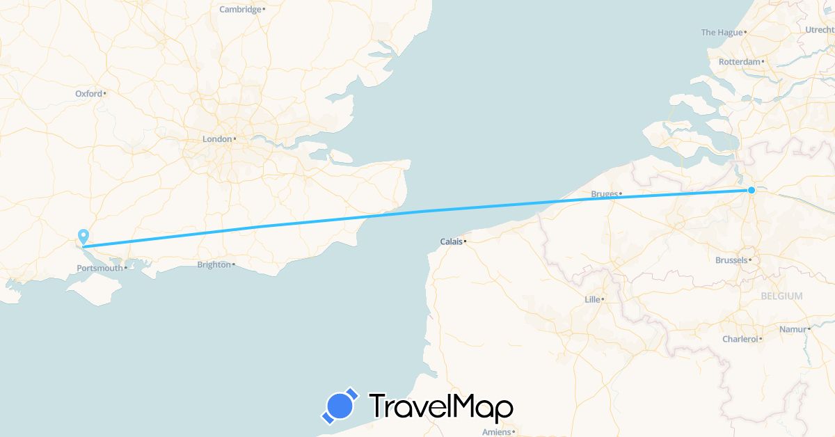 TravelMap itinerary: driving, boat in Belgium, United Kingdom (Europe)